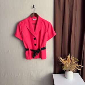 Studio 1 Petite Blouse Size 14P Pink Belted Top Large Buttons Shoulder Pads